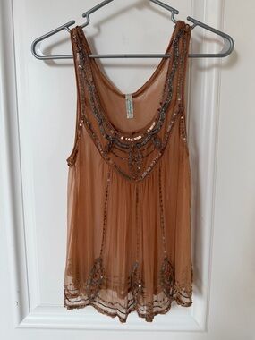 Free People Copper Brown Beaded Mesh Camisole